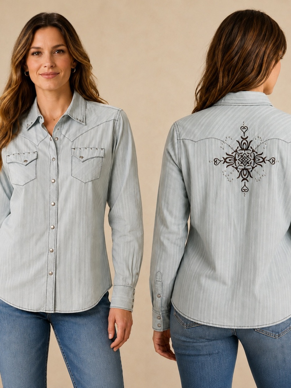 Ariat Women’s Large Blue Metallic Stripe Pearl Snap Western Shirt
